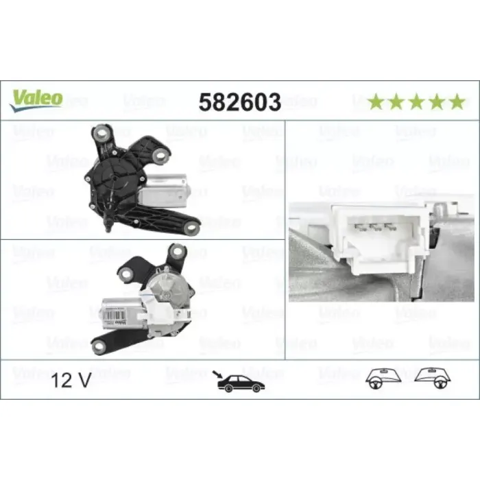 Silecek Motoru (Arka) Citroen C2 (09 / 03>01 / 10), C3, C3 II (04 / 02>01 / 11), C4 (11 / 04>01 / 11); Peugeot 3 | VALEO 582603 | OEM 6405J9