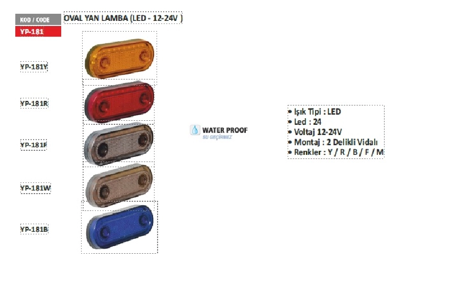 Oval Uzun LED'li Yan Aydınlatma Sarı | OEM YP181Y
