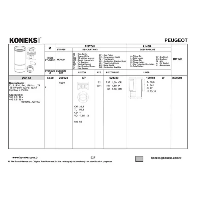 Motor Piston Segman Gomlek Kit P306 P406 Xantia Xsara Zx XU7JP4 (1,8 16V) / (83,00MM) 16V | KONEKS 3600201 | OEM 0111Y7 0111Z3