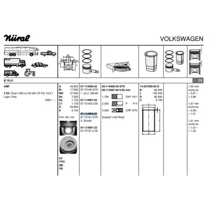 Piston+Segman (79,51MM Std (3 Silindirli Motorun 3, Pistonu) Polo Audi A2 Arosa Cordoba Ibiza 4 / 5 Fabia Roomster Fox Lupo 1,4TDI Amf Bay Bhc Bms Bnv Bnm Bwb 99>> | GOETZE 8772161STD000G