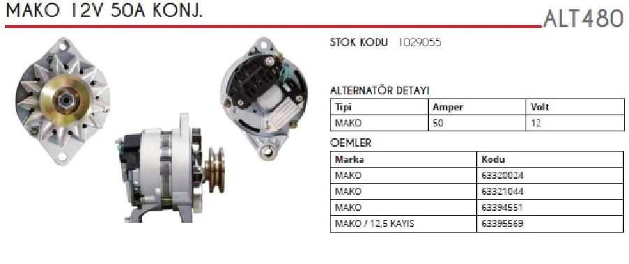 Alternatör 12V 75A Mako Tipi Konjektörlü Doğan, Kartal, Şahin, Fiat, Steyr Traktör ( 12,5 V Kayışlı ) | OEM ALT480
