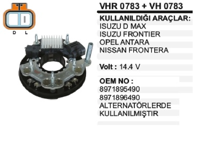 Konjektör + Diyot 12V Isuzu D-Max, Opel, Nissan 80A. ( Konj Ucu Tek Uçlu ) Cıvatası 6 2000 | OEM IHR783+IH783