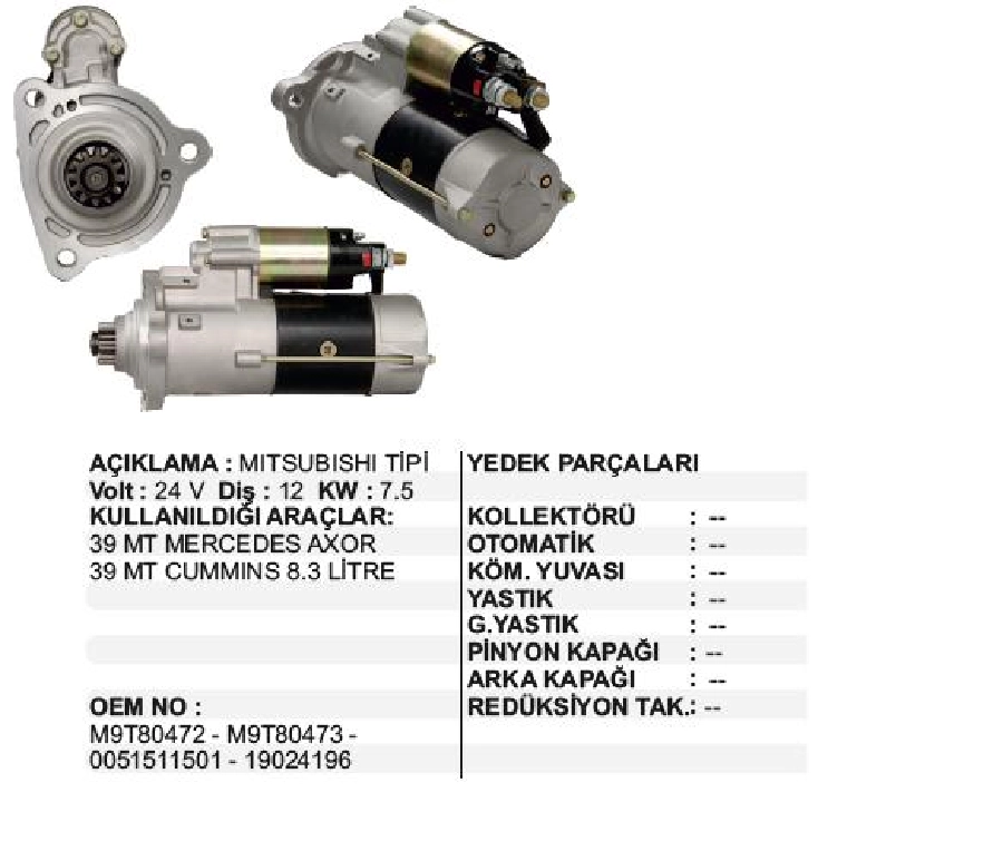 Mars Motoru 24V 7,5 kW 12 Dış Mitsubishi Tipi Mercedes Benz Actros MP2 - MP3 Truck, Cıtaro 0530, Tourısm | OEM STR1902