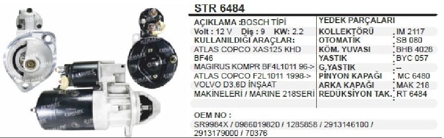 Marş Motoru 12V. 9D. 2.2 kW Bosch Tipi Atlas Copco Xas 125 Khd BF46, F2L1011, Magirus Kompresor BF4L | OEM STR6484