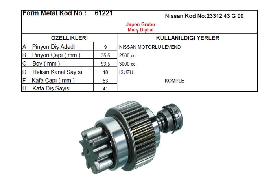 Marş Dişlisi 3 Bilyalı 9D - Hitachi Tipi Levend, Nissan 2500CC, 3000 200, Isuzu | OEM 61221