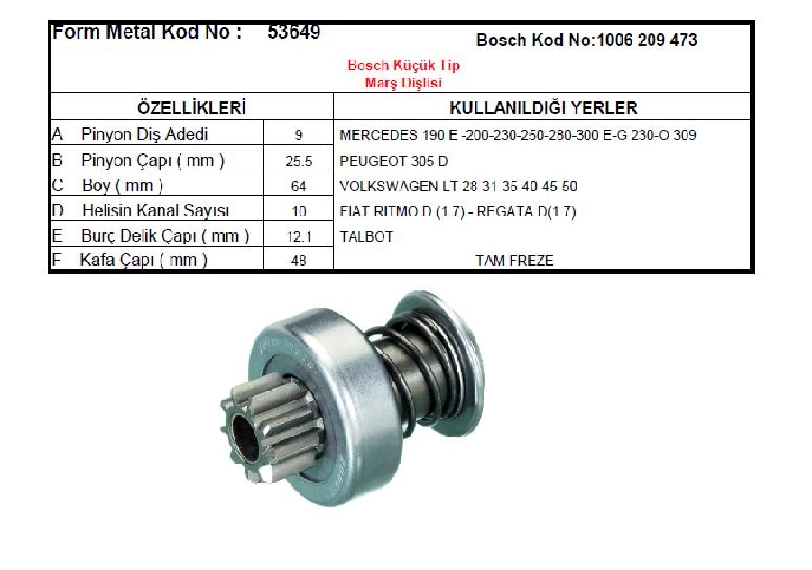Marş Dişlisi 9D Bosch Tipi (0857) Fiat Regata, Rıtmo-Mercedes-VW | OEM 53649