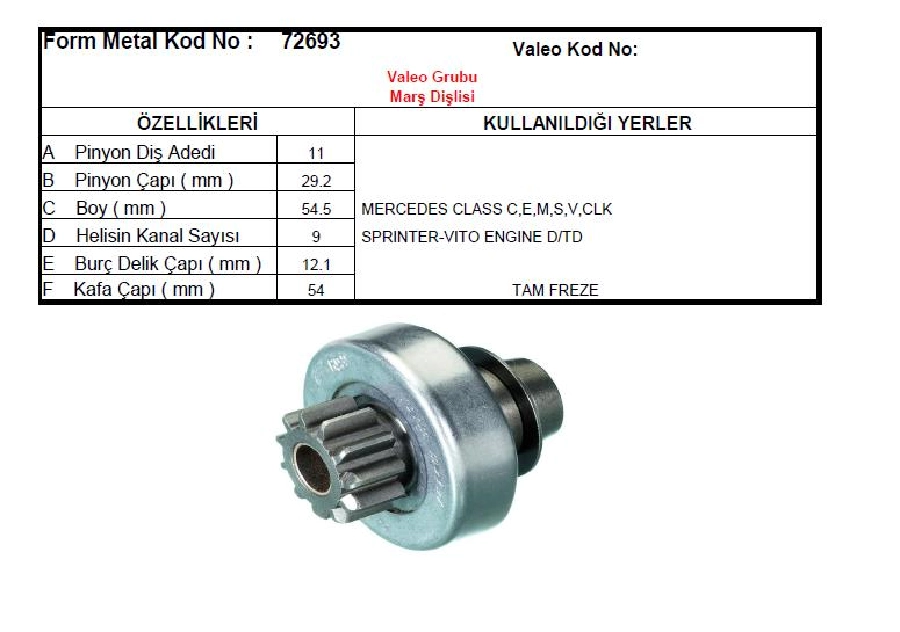 Marş Dişlisi Mercedes Class-Sprinter-Vito 9 Kanal | OEM 72693