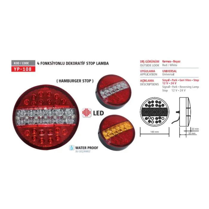 Stop Lambasi Hamburger Tip 4 Fonksiyonlu Ledli | YUCEPLAST YP-108 4F 12V