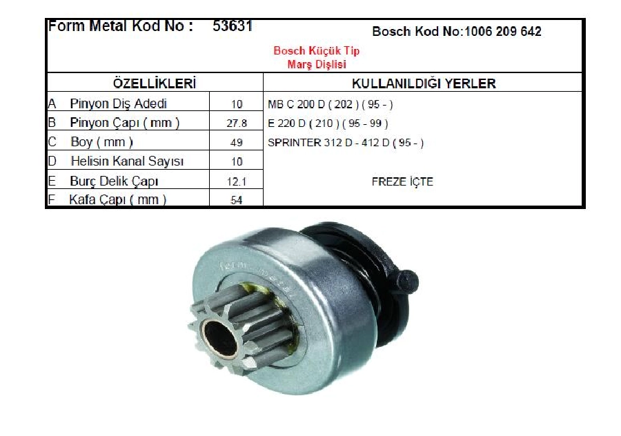 Marş Dişlisi 10D Bosch Tipi (1057) Mercedes C200D-E220D 1995-1999 E Serisi, C Dizel Seri | OEM 53631