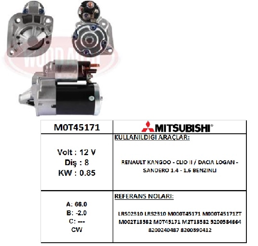 Mars Motoru 12V 0,85 kW 8 Dış Renault Kangoo- Megane- Clio 2, Dacia Logan - Sandero 1.4 - 1.6 Benz | OEM M0T45171AM