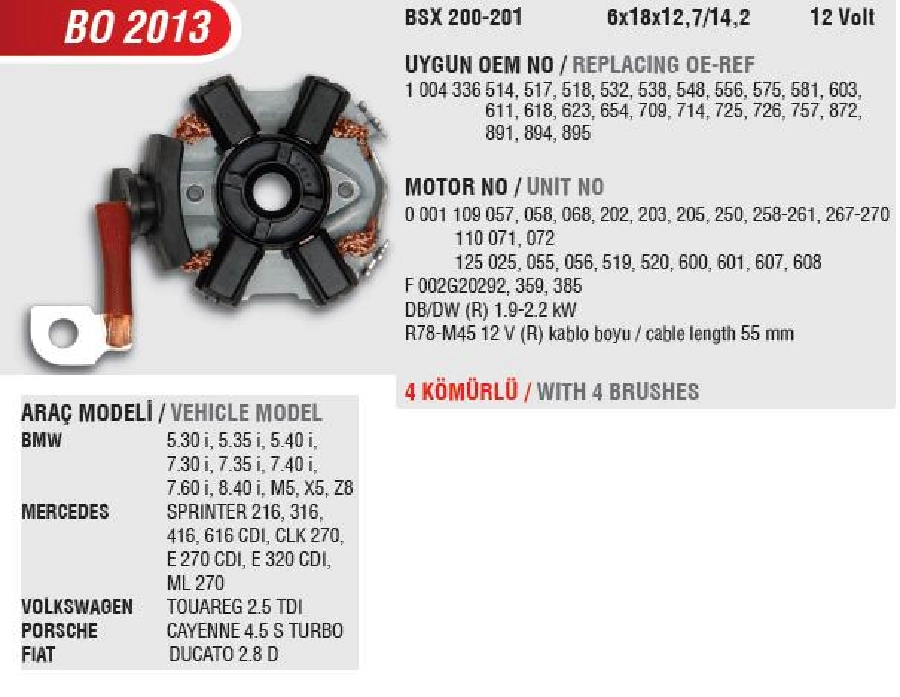 Marş Kömür Yuvası 12V. VW Golf 5 1.9-2.0 TDI-Transporter T5-Caddy-Transit V347, Toureg, Touran BMW 5-7 | OEM BO2013