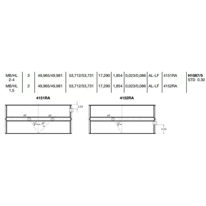Ana Yatak 0,30 Peugeot 106 1.5D / 206 - 306 1.6 TU5 TUD5 | GLYCO FH1087530MM | OEM 0113.E0 0113.E1 0113.E2 0113.E3 0113.E4 0113.E5 3639.3B030 9564431680 AN5288SA319 MB5262AM0.3 H1087/