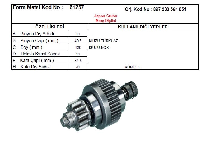 Marş Dişlisi Hitachi-Sawafuji Tip 11 Diş Isuzu Turkuaz Nqr Ters Dönüş | OEM 61257