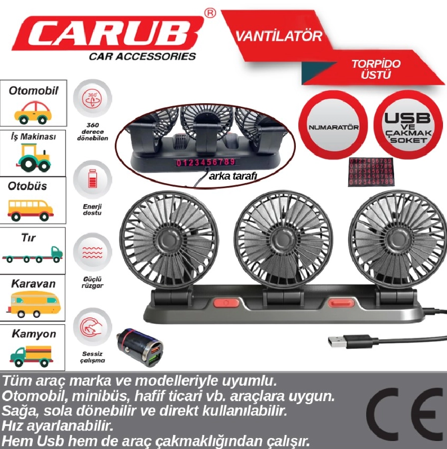 Vantilatör 12V-24V Torpido Üstü Üçlü USB + Çakmak Dönüştürücülü + Arkası Numaratörlü | OEM BR6400620