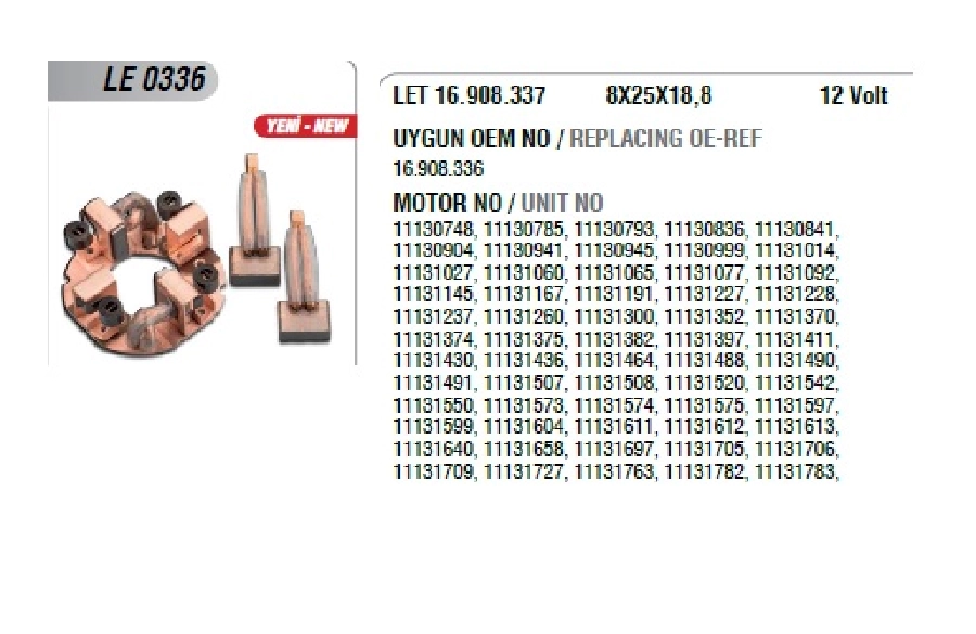 Marş Kömür Yuvası Iskra Tipi 12V 4,2KW Mf Erkunt, Jcb, Valtra Beko Loader IS1105 (Uygun Kömür:LET16.9 | OEM LE0336