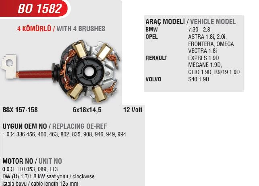 Marş Kömür Yuvası - BMW, Opel Astra 1,8-2,0-FRONTERA-VECTRA, Megane (Uygun Kömür:BSX157, 158) | OEM BO1582