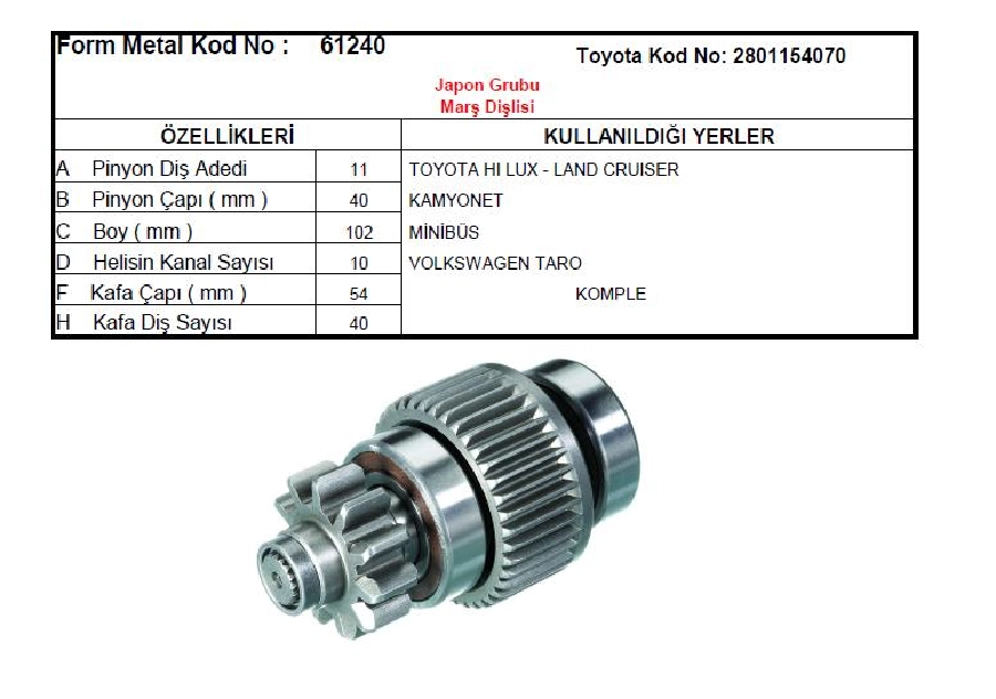 Marş Dişlisi 11D (0921) Denso Tipi Toyota Pikap Yeni Model Hı Lux 2.8D, Land Cruıser Volkwagen Taro | OEM 61240