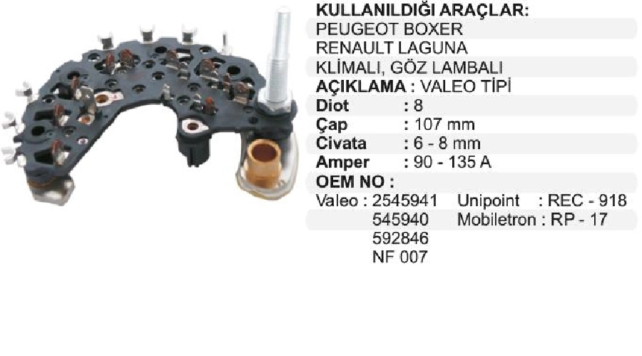 Diyot Tablası Valeo Tip Renault Megane 1.4-1.6e I (99) -Clio 1.9 D (98) - Laguna 2.0I, Volvo S 40 | OEM 01657