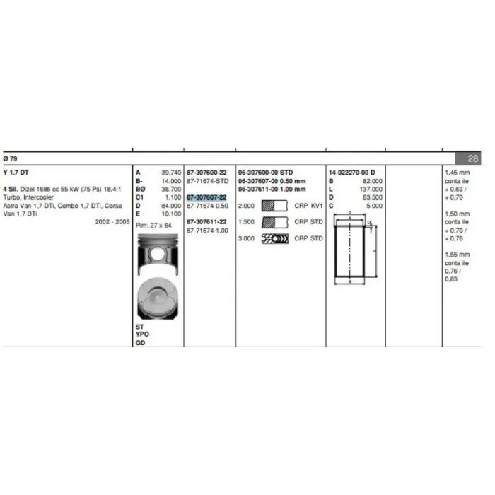 Piston Segman Y17DT Corsa C Astra G Combo C (79,50MM) 050 | GOETZE 8771674050000G | OEM 623089 623729