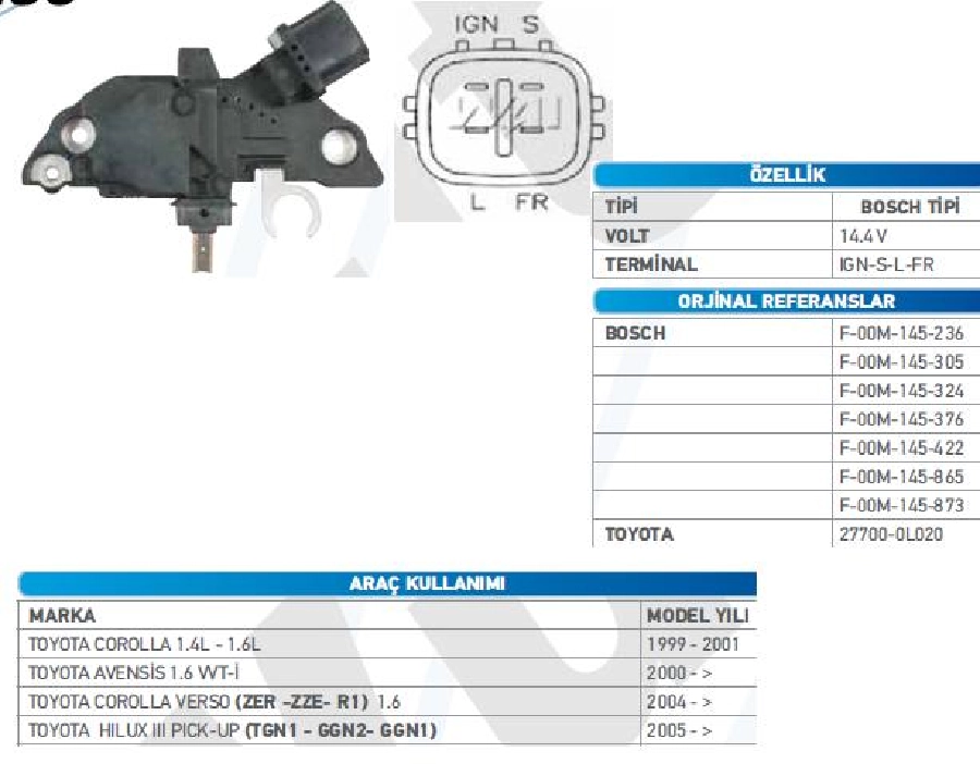 Konjektör Bosch Tipi 14.4 V - Toyota Corolla 1.4, 1.6 (99-01), Avensıs 1.6I, 1.8I (00-03) (Ig-L-S-Fr) | OEM TRS.YR.IB236