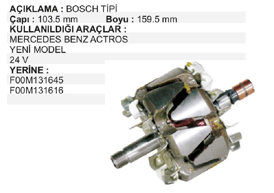 Rotor 24V 80A Bosch Tipi Mb Actros Yeni Model BOY:162, CAP:103 | OEM XRT745