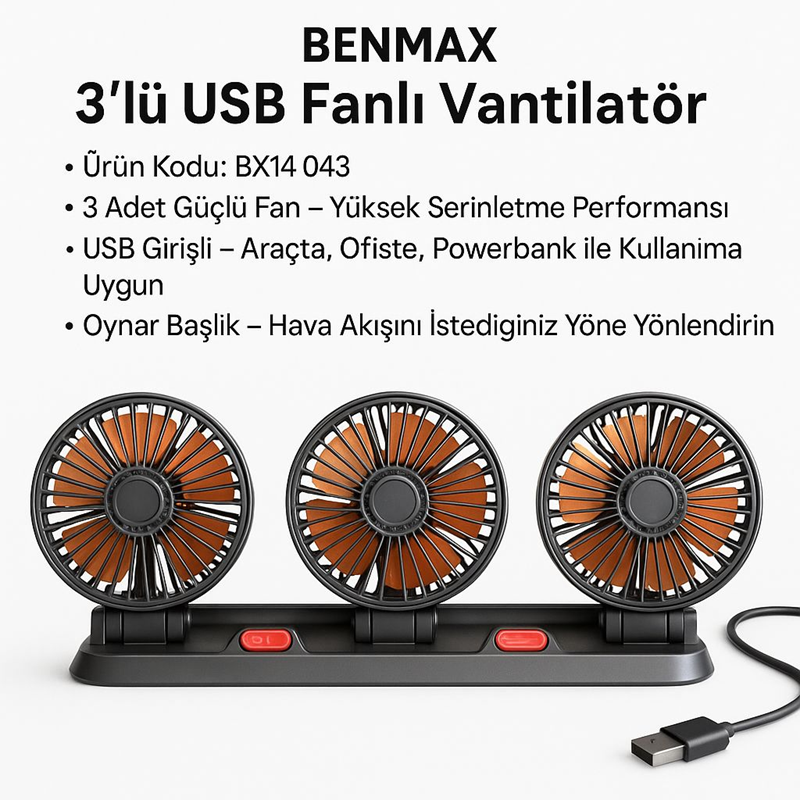 Vantilatör Üç Fanlı USB Çıkışlı