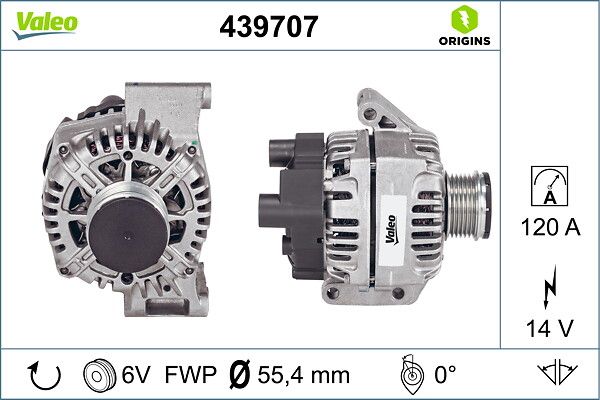 Alternator Punto Evo Panda Fiorino 1,3 Multijet (6 Kanal) | VALEO 439707 | OEM 1608858080 1608858080 1639368280 13153237 51854103 51854912 1639368280 13153237 51854103 51854912