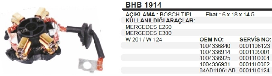 Marş Kömür Yuvası - 12V BMW 520D- 525İ -740, Opel Astra 1.8İ 2.0İ Frontera Omega Vectra, Renault Megane | OEM BHB1914