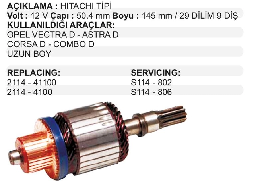 Marş Kollektörü Hitachi Tip 12V Opel Combo 1,7 D Astra D Corsa D Uzun 29 Dilim 9 Diş Çap 50,4 2000 Uzunluk | OEM IM3038