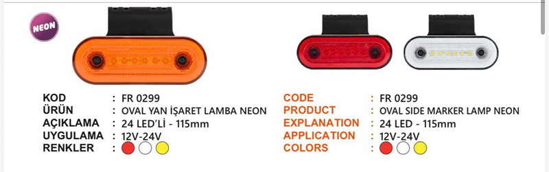 Fr Oval Yan İşaret Lambası Neon 24 Ledli Kırmızı 12-24 Volt Braketli
