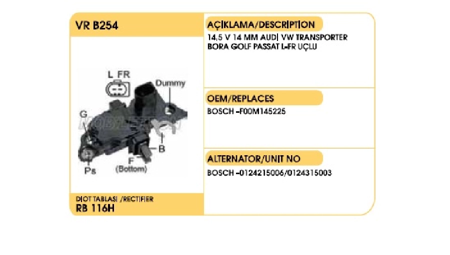 Konjektör Bosch Tipi 14.5V (14mm) - VW Transporter, Bora, Golf, Passat, Audi, Mercedes (L-FR=L-DFM) | OEM VRB254