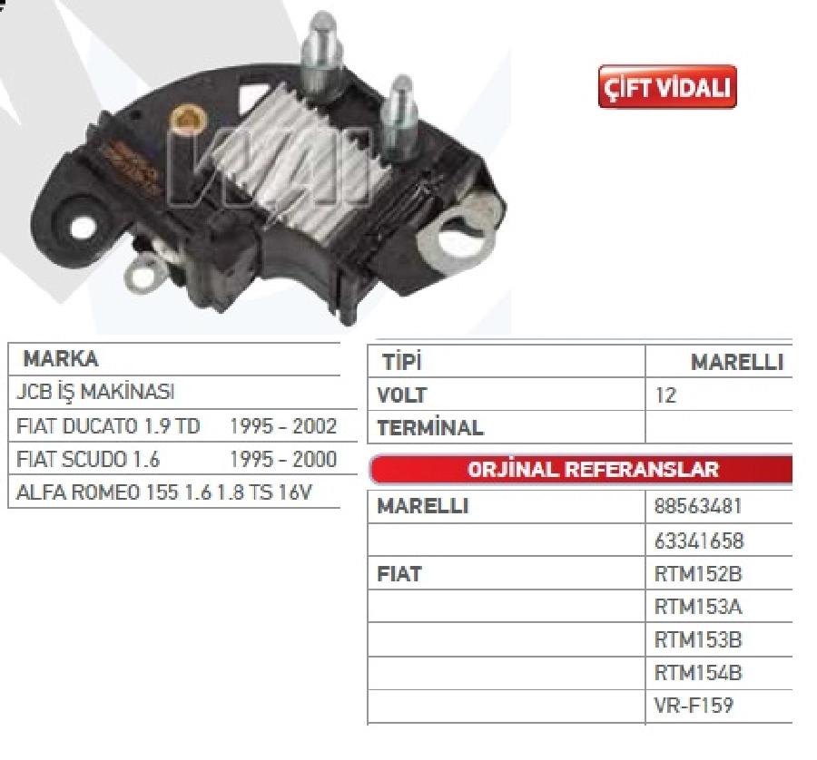 Konjektör Marelli Tip 12V - Jcb-Fiat Ducato 1.9D, Td (95-02), SCUDO1.6I (95-00), Alfa 155 1.6-1.8 Ts 1 | OEM VRF159