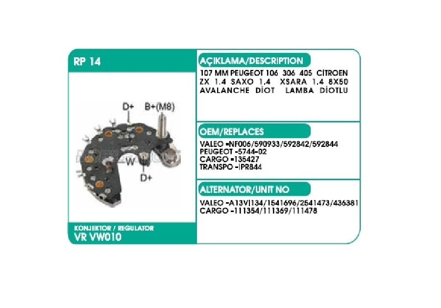 Diyot Tablası Valeo Tip - Peugeot 106-306-405, Citroen Zx 1.4 - Saxo 1.4 -Xsara 1.4 | OEM 01656