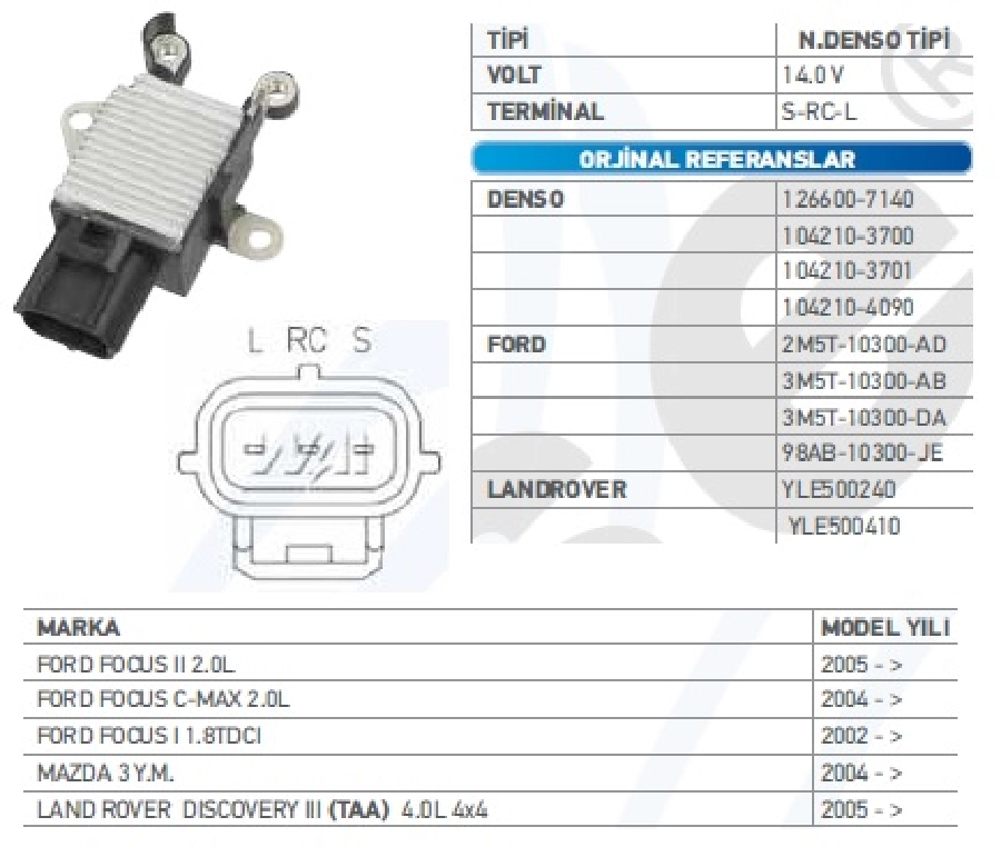 Konjektör 12V N Denso Tipi Ford Focus 2 C-Max 2.0L, Focus I 1.8 TDCI, Mazda 3 Yeni Model, Land Rover Dis | OEM TRS.YR.IN6601