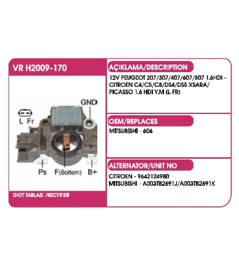 Konjektör 12V Mitsubishi Tipi Peugeot 207, 307, 407, 607, 807 1.6HDI, C4, C5, C8, DS4 | OEM VRH2009-170