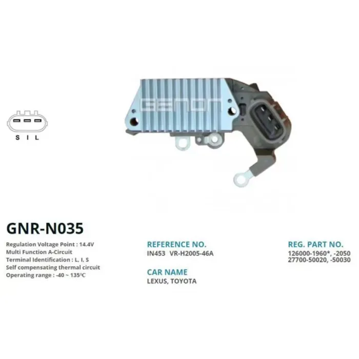 Alternator Konjektor Denso Tip 12V Toyota Land Cruiser - Hi-Ace - Hi-Lux (L, 1, S) | GENON GNR-N035 | OEM VR-H2005-46A IN453