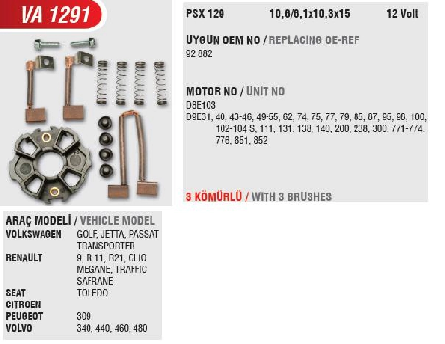 Marş Kömür Yuvası Valeo 098028 Renault 9-19 4KOMUR + Yaylı (Uygun Kömür:PSX129) | OEM VA1291