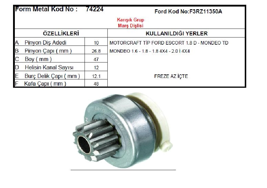 Marş Dişlisi Motorcraft Tipi 10 Dış 1.01.824.1 Ford Focus 1.8-2.0, Mondeo 1.6-1.8-2.0-1.8D, Connect | OEM 74224