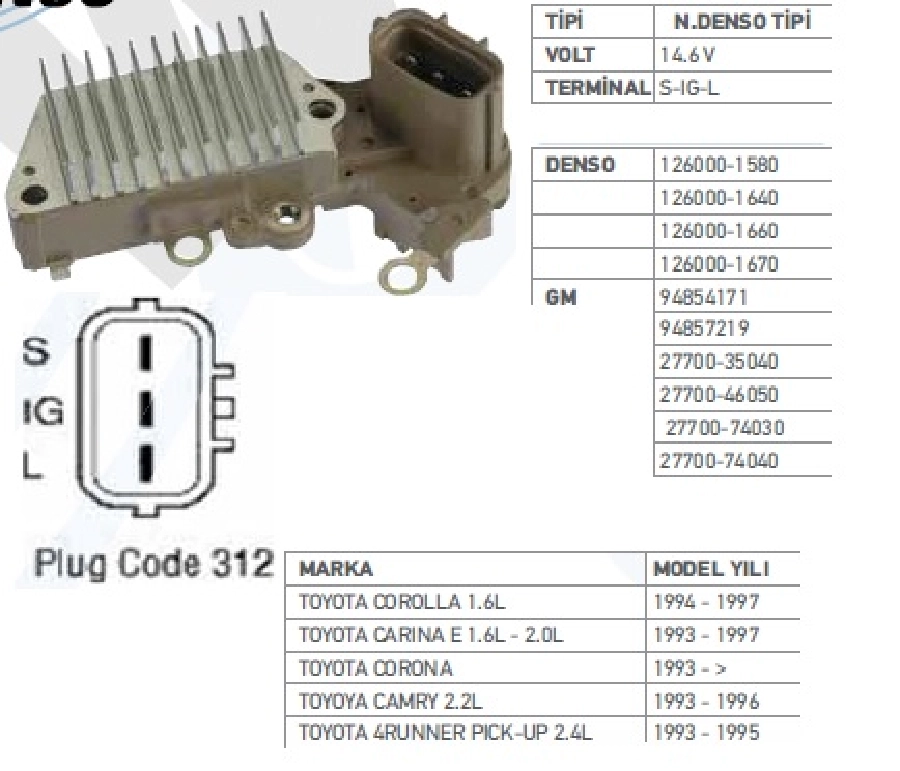 Konjektör Nippon Denso Tip 12V. (14.6V) Toyota Corolla Yeni Model- Carina - Corona, Camry-2.2, Celıca 70 | OEM TRS.YR.IN439