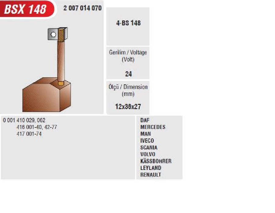 Marş Kömürü - Alfkb DAF, Mercedes, MAN, İveco, Scania, Volvo, Kassbohrer, Mercedes, Leyland, Renault, Volvo Ka | OEM BSX148