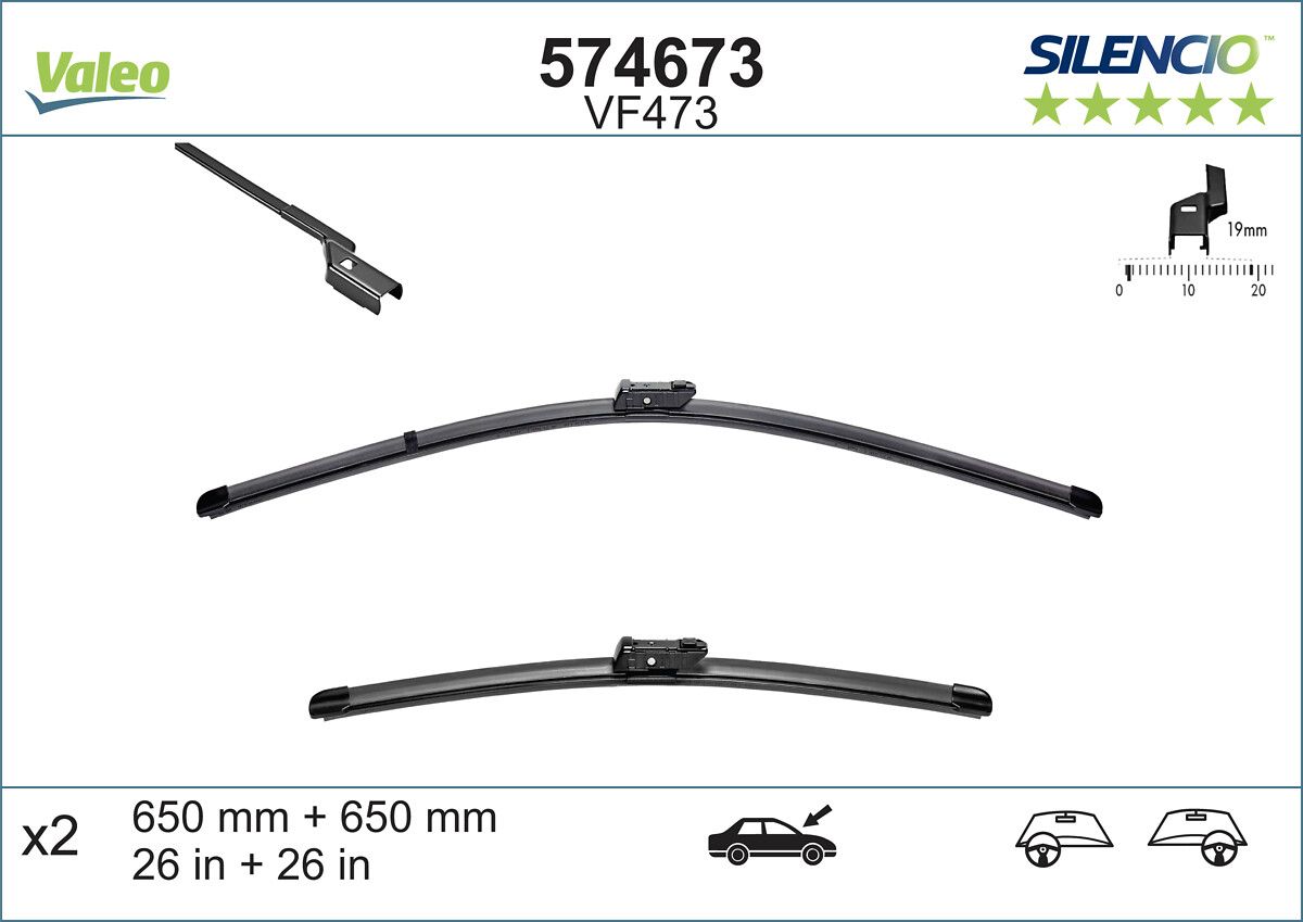 Silecek 65+65CM (X2) / (Flatblade Muz Tipi) VM473 Astra J 10=> P508 11=> | VALEO 574673 | OEM 1642333880