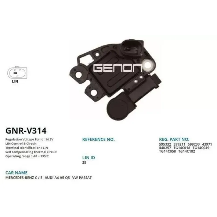 Alternator Konjektor Valeo Tip 12V Mercedes Benz C - E / Audi A4 - A5 - Q5 / Volkswagen Passat (Lin) | GENON GNR-V314 | OEM VR-V8052 VR-V3722 M233 M603 595332
