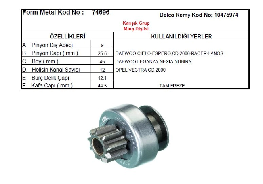 Marş Dişlisi Delco Tip 9D-12K - Daewoo Espero-Lanos-Racer-Leganza-Nexıa-Nubira, Opel Vectra 400 2000 | OEM 74696
