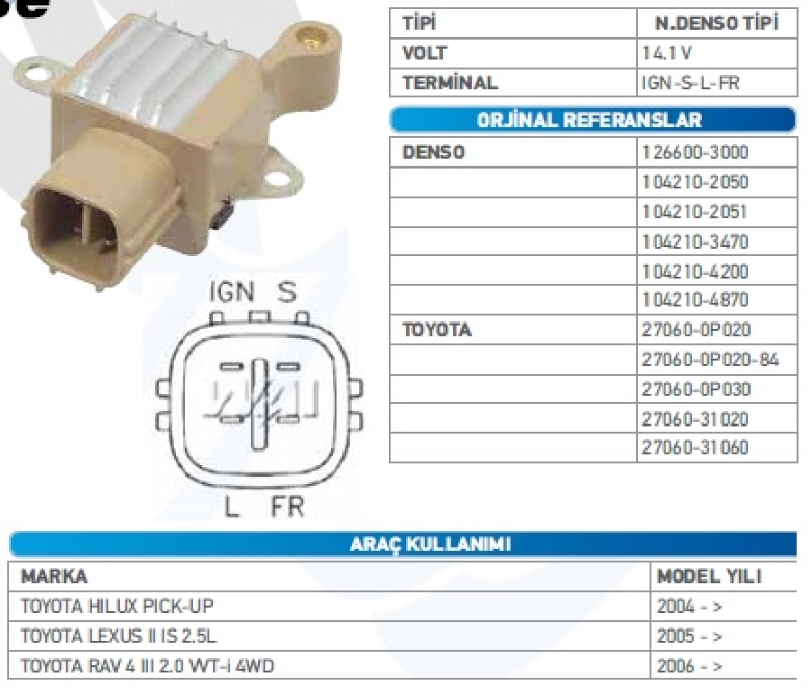 Konjektör Nippon Denso Tip 12V. (14.2V) Toyota Hı Lux Pıck-Up, Corlla 2008 (Ig-S-L-Fr) (RN34) | OEM VRH2005-146