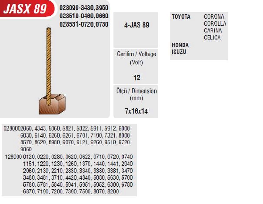 FK115-FT129= Marş Kömürü - Honda Civic-Accord-Prelude, Toyota Corolla-Corona-Carina-Celıca | OEM JASX89