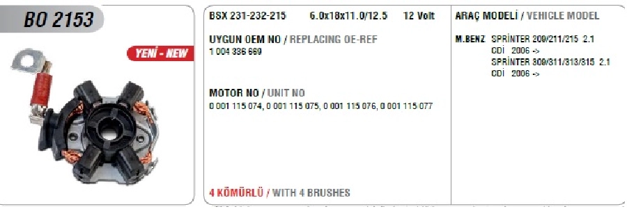 Marş Kömür Yuvası BSX231, 232, 215 (Uygun Kömür:BSX231, 232, 215) | OEM BO2153