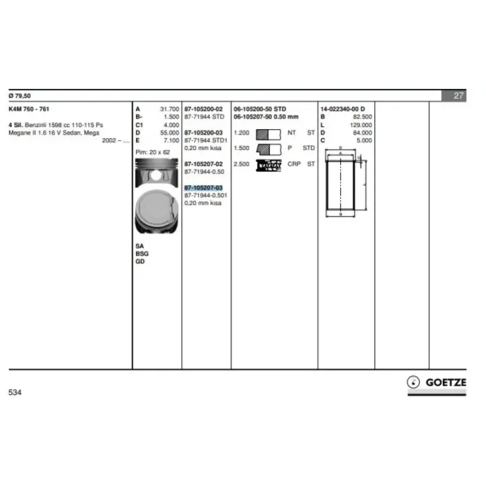 Motor Piston Segman Megane 2 1,6 16V (K4M) / (79,50MM) / (050 Farkli -20 Kısa) | GOETZE 8771944050100G | OEM 7701476929 8200186008 7701476930