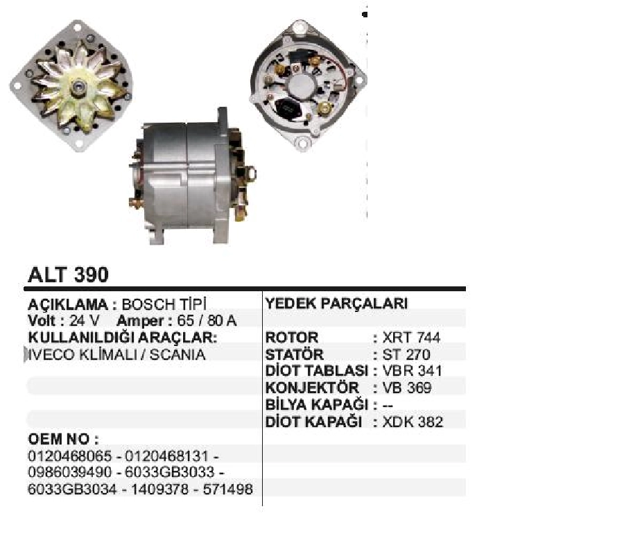 Alternatör 24V 65A Bosch Tipi Iveco, Scania 113E, 113H, 114C, 114G, 114L 114, 124, 144, 164, K144 | OEM ALT390