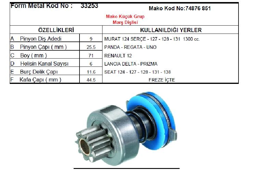 Marş Dişlisi 9D - Mako Tipi M 124-M 131, Renault 12 Lancia Renault | OEM 33253