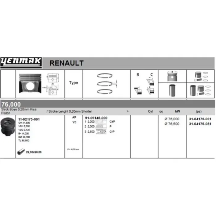 Motor Piston Segman Scenic Megane 2 Clio Nissan (Sogutma Kanalli-Yag Puskurtme Oyugu-Segman Tasiyici-Göz Arasi Konik)(1,5 Dci K9K 100HP) [(76,00MM Std) (-0.20MM Kısa)] | YENMAK 36-04175-001